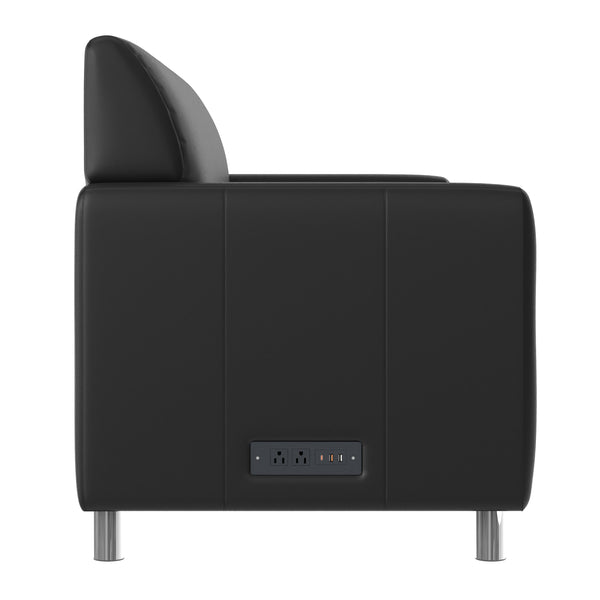Black/Chrome Legs |#| LeatherSoft Reception Sofa with Chrome Legs-AC/USB/USB-C Charging Ports-Black