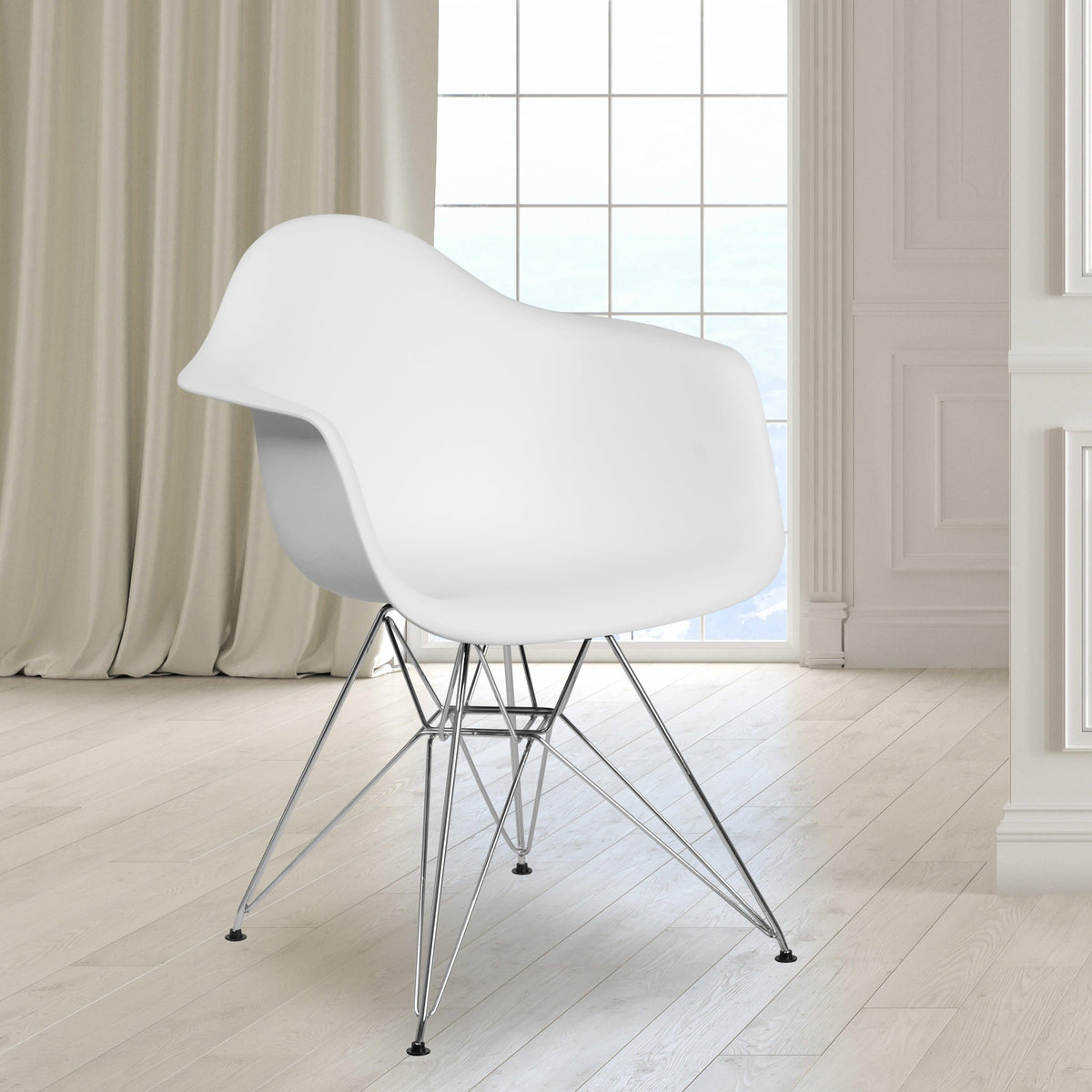 White |#| White Plastic Chair with Arms and Chrome Base - Accent & Side Chair