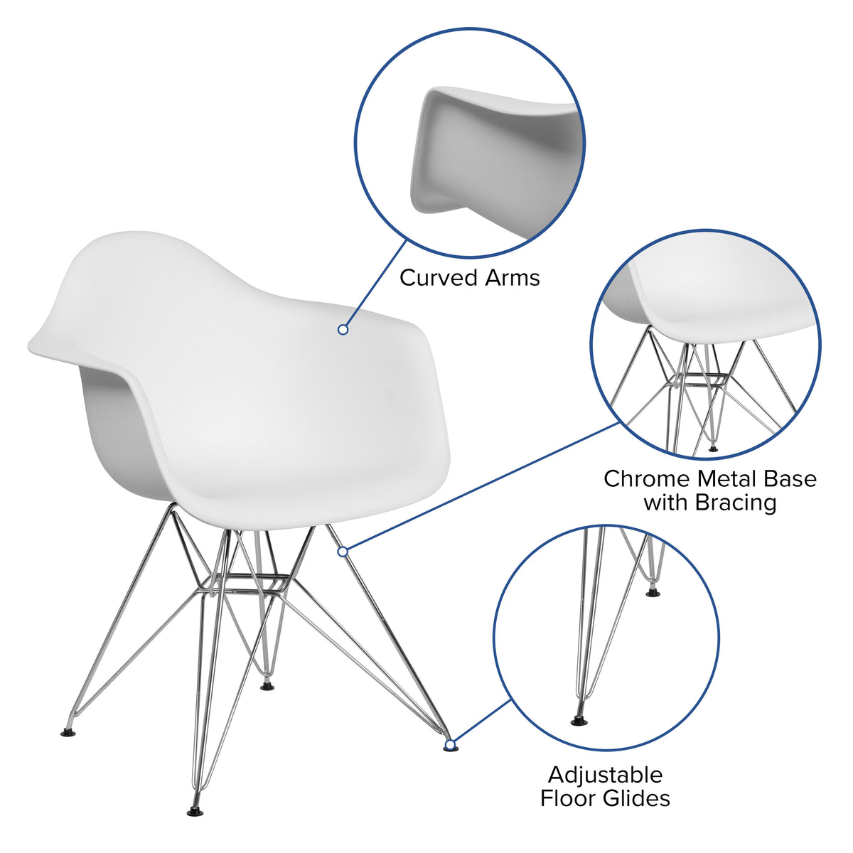 White |#| White Plastic Chair with Arms and Chrome Base - Accent & Side Chair