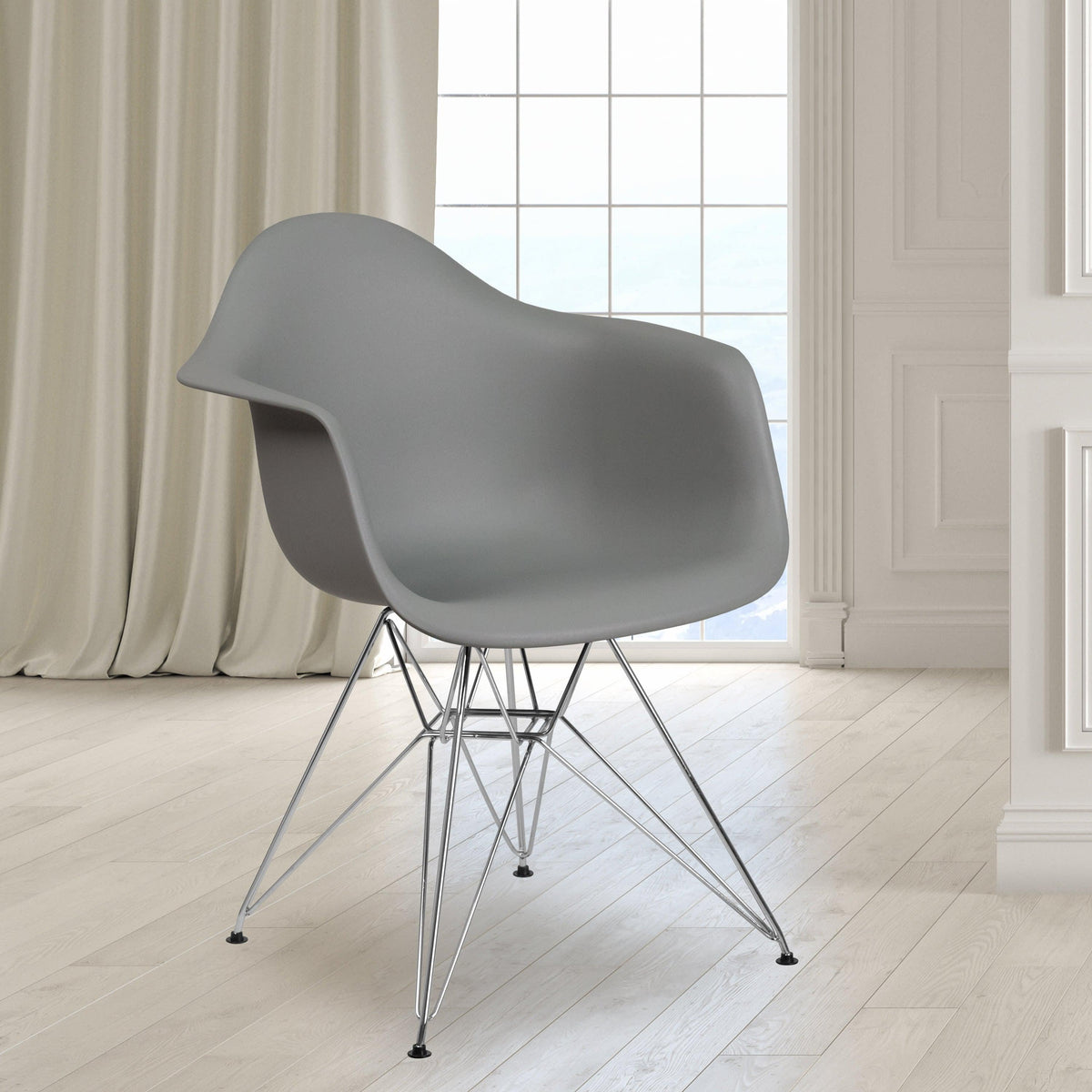 Moss Gray |#| Moss Gray Plastic Chair with Arms and Chrome Base - Accent & Side Chair