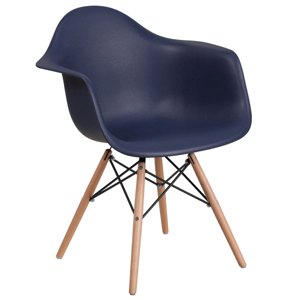 Navy |#| Navy Plastic Chair with Arms and Wooden Legs - Accent & Side Chair