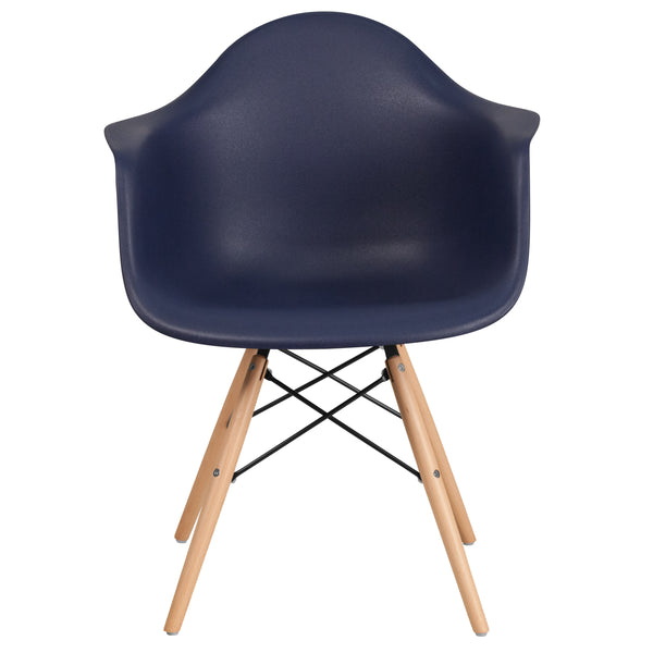 Navy |#| Navy Plastic Chair with Arms and Wooden Legs - Accent & Side Chair