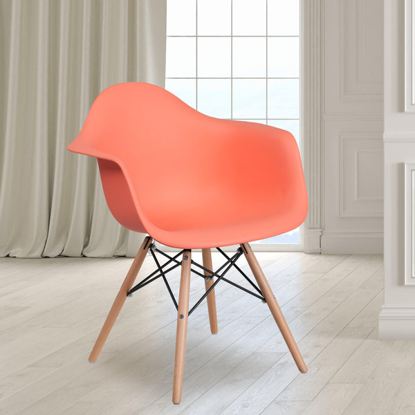 Peach |#| Peach Plastic Chair with Arms and Wooden Legs - Accent & Side Chair