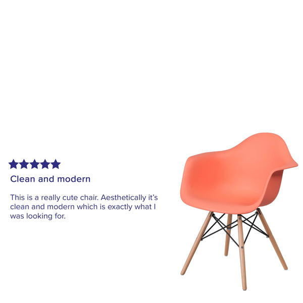 Peach |#| Peach Plastic Chair with Arms and Wooden Legs - Accent & Side Chair