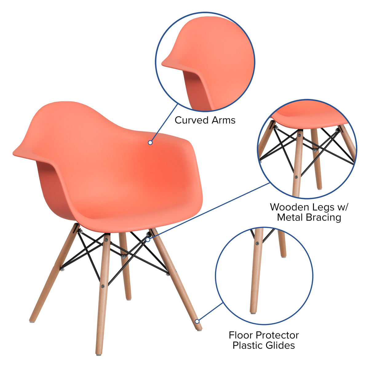Peach |#| Peach Plastic Chair with Arms and Wooden Legs - Accent & Side Chair