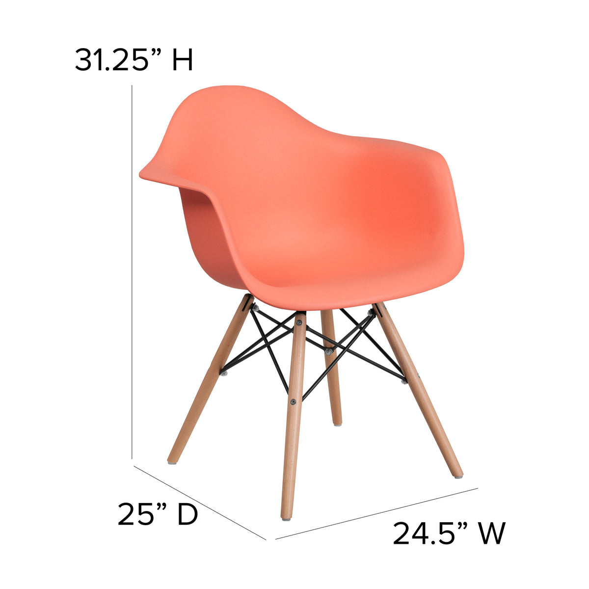 Peach |#| Peach Plastic Chair with Arms and Wooden Legs - Accent & Side Chair