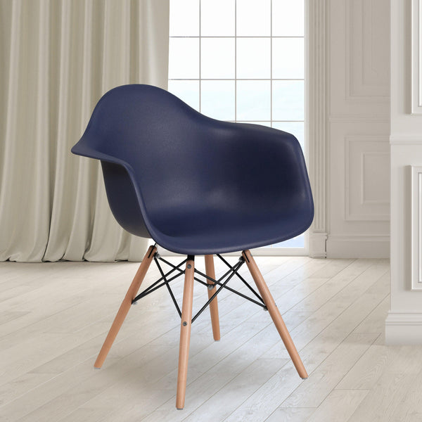 Navy |#| Navy Plastic Chair with Arms and Wooden Legs - Accent & Side Chair