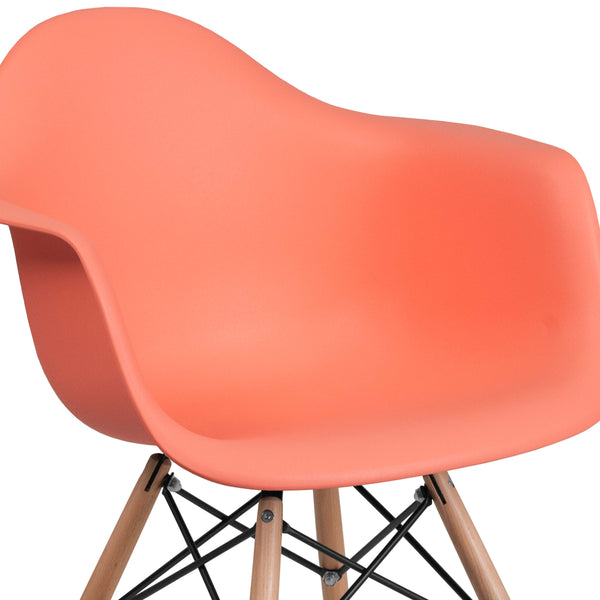 Peach |#| Peach Plastic Chair with Arms and Wooden Legs - Accent & Side Chair