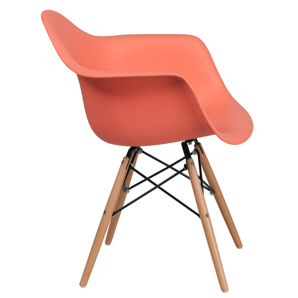Peach |#| Peach Plastic Chair with Arms and Wooden Legs - Accent & Side Chair