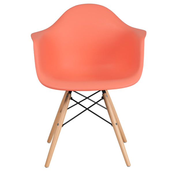 Peach |#| Peach Plastic Chair with Arms and Wooden Legs - Accent & Side Chair