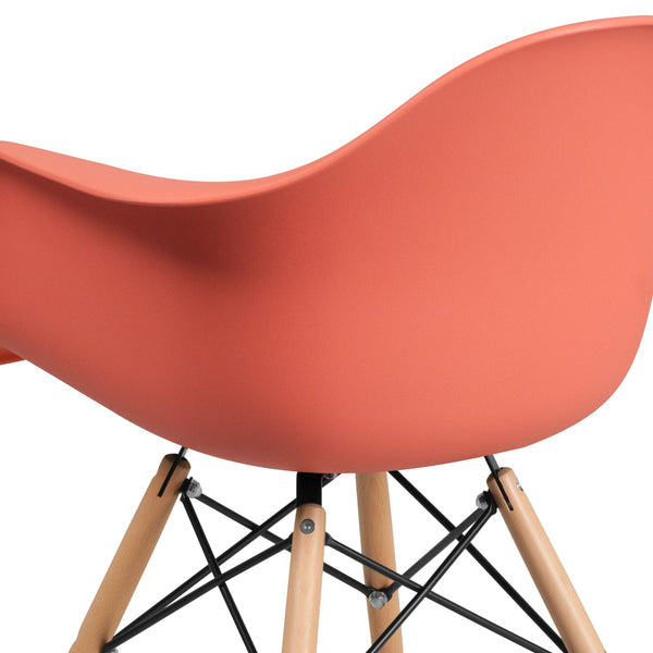 Peach |#| Peach Plastic Chair with Arms and Wooden Legs - Accent & Side Chair