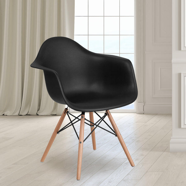 Black |#| Black Plastic Chair with Arms and Wooden Legs - Accent & Side Chair