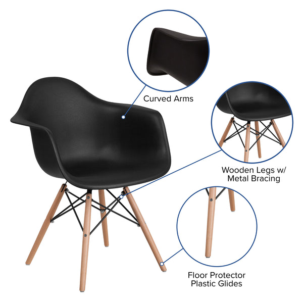 Black |#| Black Plastic Chair with Arms and Wooden Legs - Accent & Side Chair