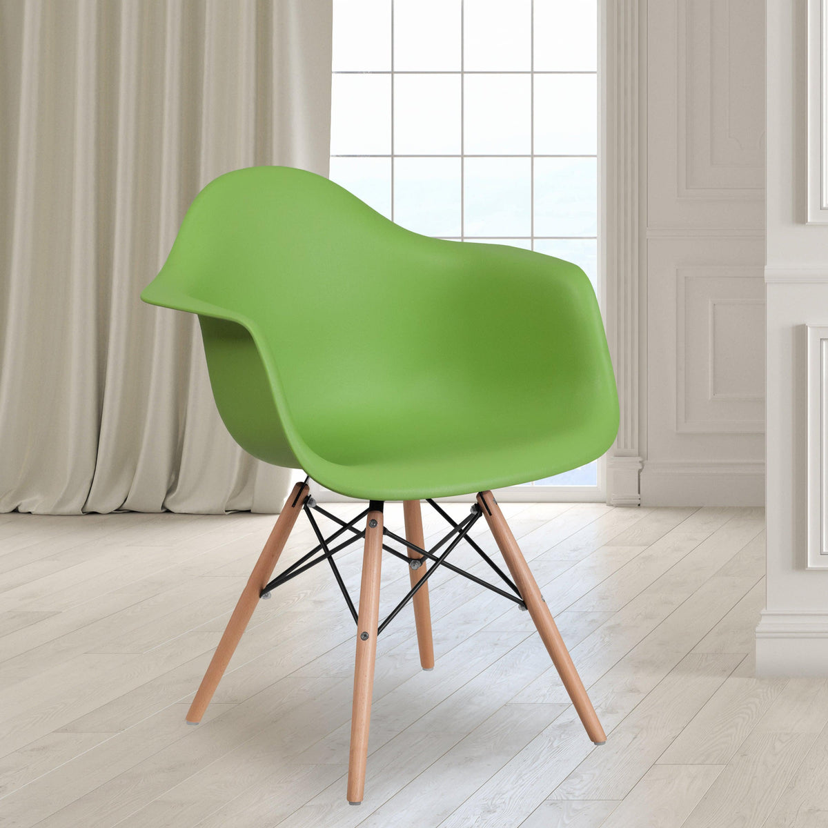 Green |#| Green Plastic Chair with Arms and Wooden Legs - Accent & Side Chair