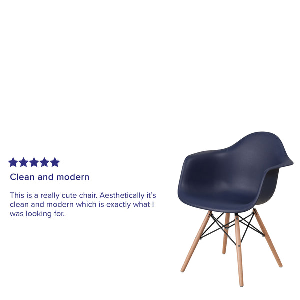 Navy |#| Navy Plastic Chair with Arms and Wooden Legs - Accent & Side Chair
