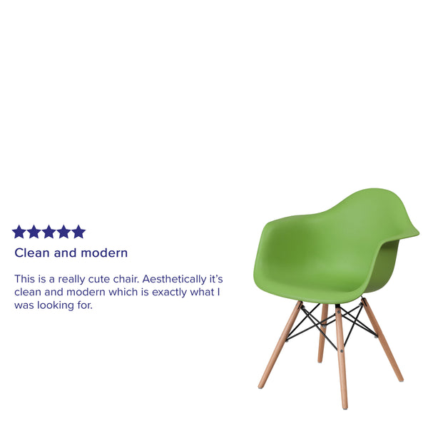Green |#| Green Plastic Chair with Arms and Wooden Legs - Accent & Side Chair