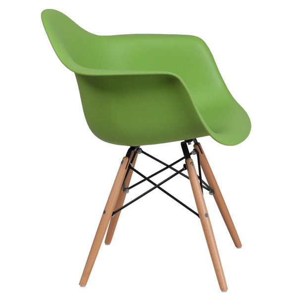Green |#| Green Plastic Chair with Arms and Wooden Legs - Accent & Side Chair