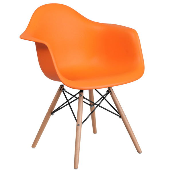 Orange |#| Orange Plastic Chair with Arms and Wooden Legs - Accent & Side Chair