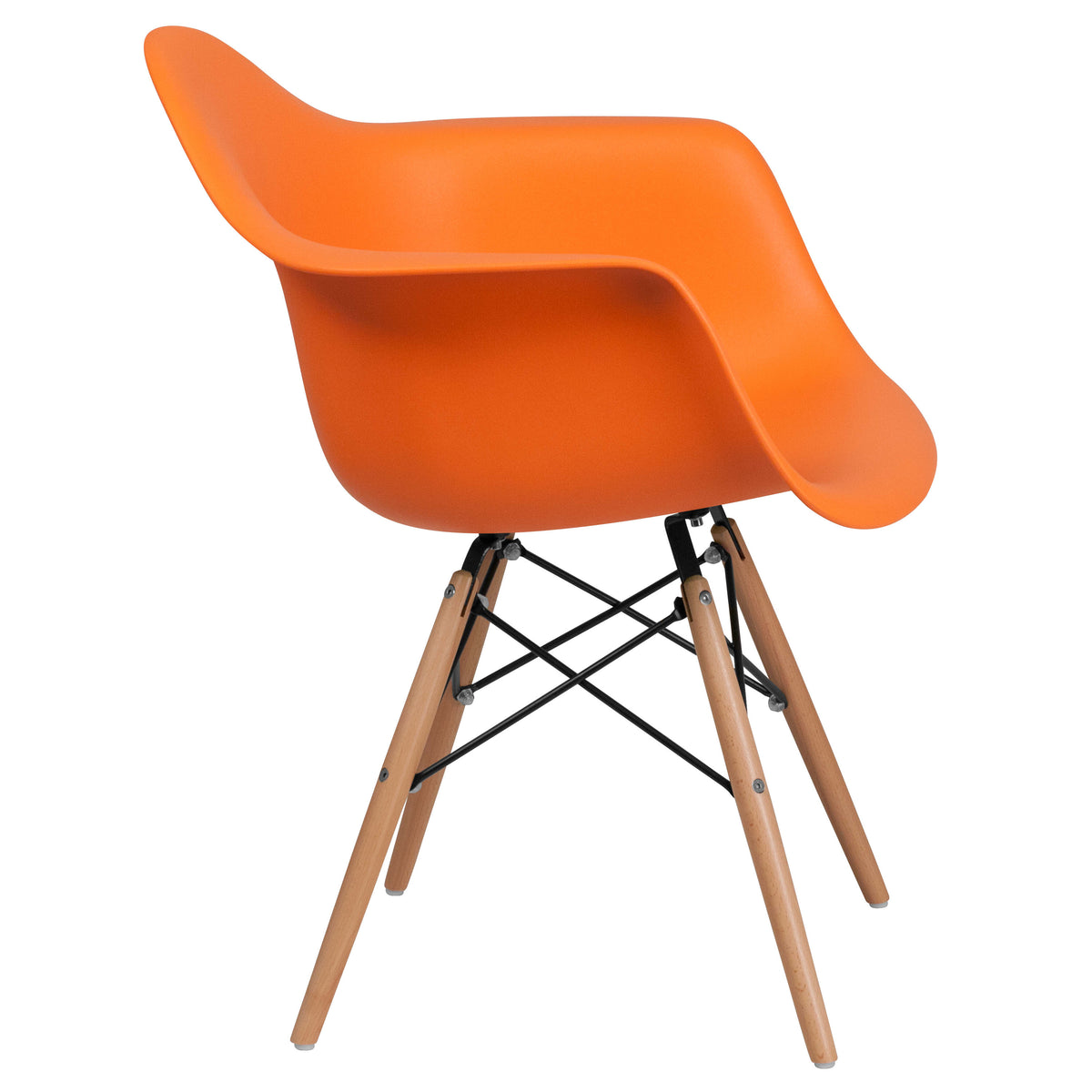 Orange |#| Orange Plastic Chair with Arms and Wooden Legs - Accent & Side Chair