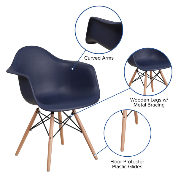 Navy |#| Navy Plastic Chair with Arms and Wooden Legs - Accent & Side Chair