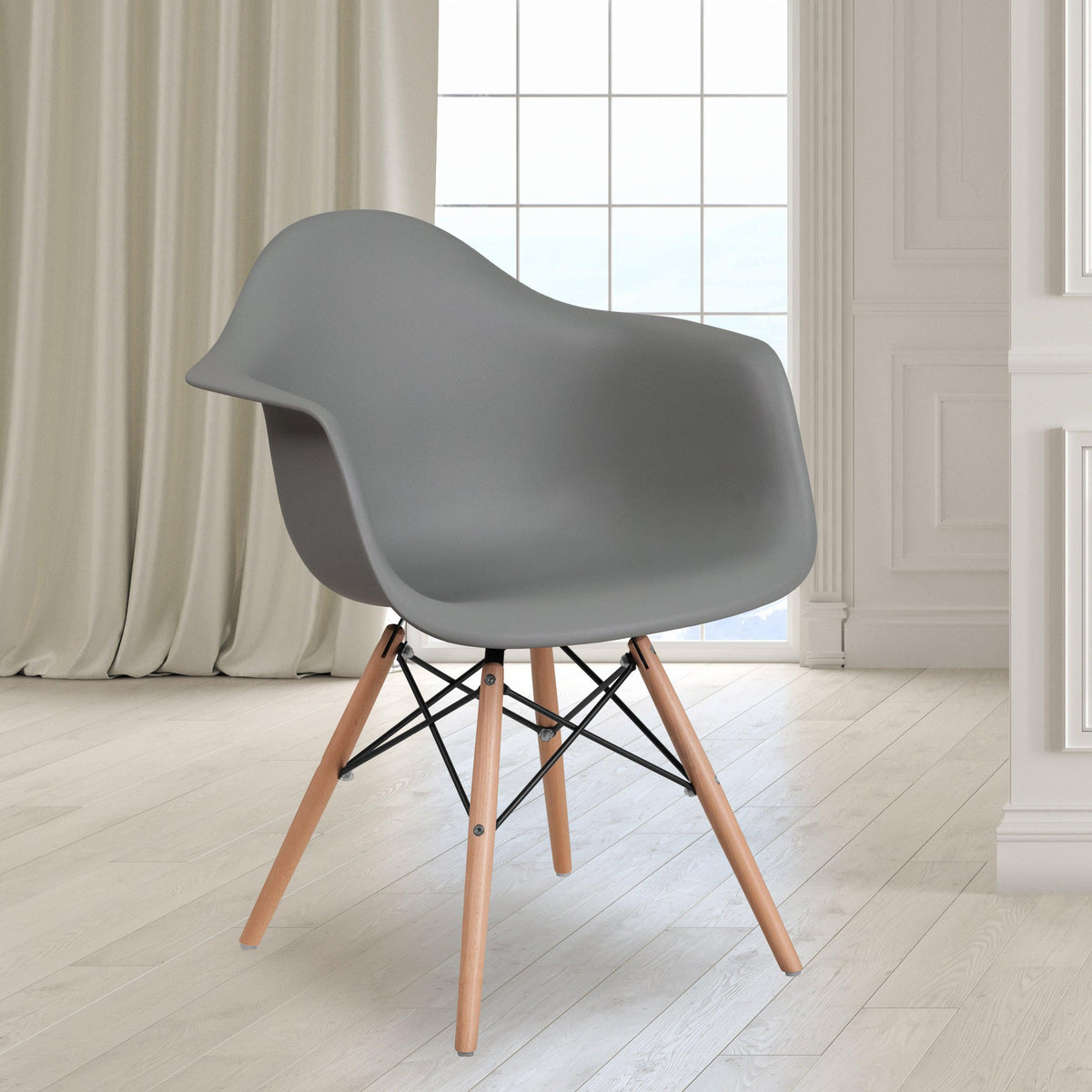 Moss Gray |#| Moss Gray Plastic Chair with Arms and Wooden Legs - Accent & Side Chair
