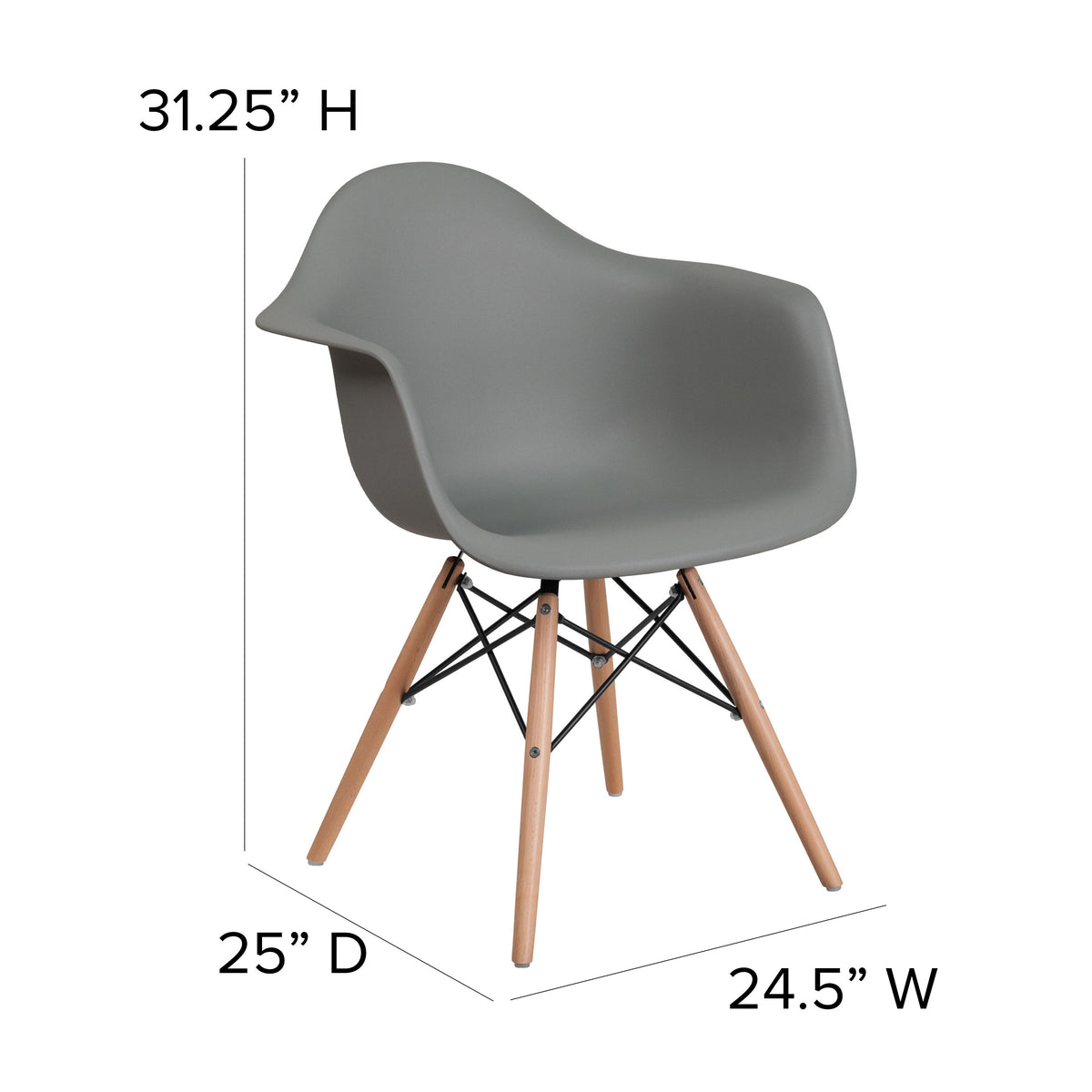 Moss Gray |#| Moss Gray Plastic Chair with Arms and Wooden Legs - Accent & Side Chair
