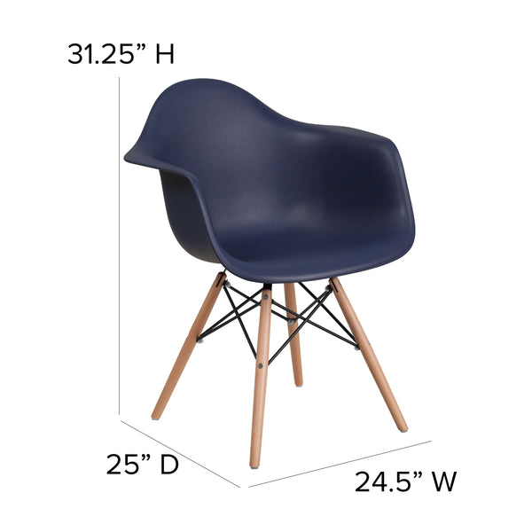 Navy |#| Navy Plastic Chair with Arms and Wooden Legs - Accent & Side Chair