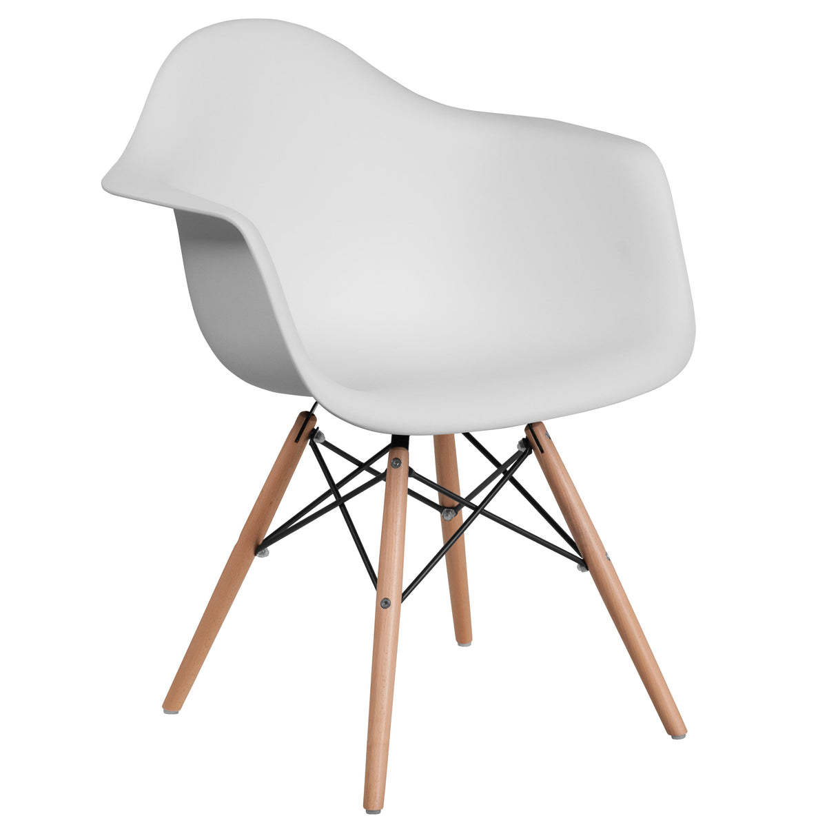 White |#| White Plastic Chair with Arms and Wooden Legs - Accent & Side Chair