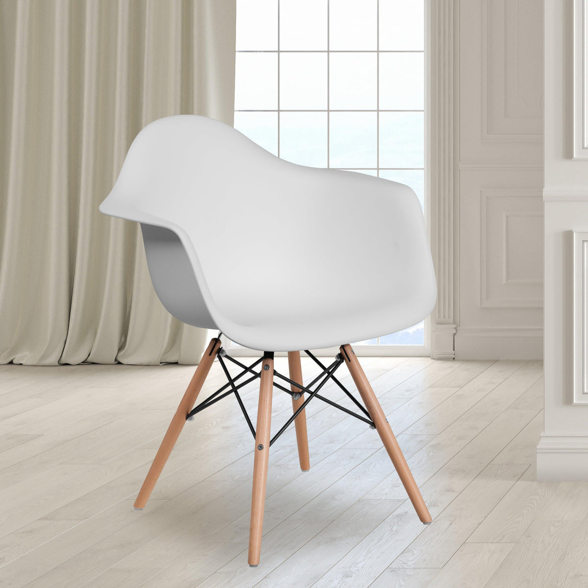White |#| White Plastic Chair with Arms and Wooden Legs - Accent & Side Chair