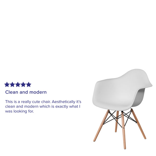 White |#| White Plastic Chair with Arms and Wooden Legs - Accent & Side Chair