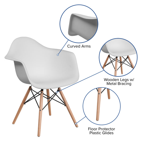 White |#| White Plastic Chair with Arms and Wooden Legs - Accent & Side Chair