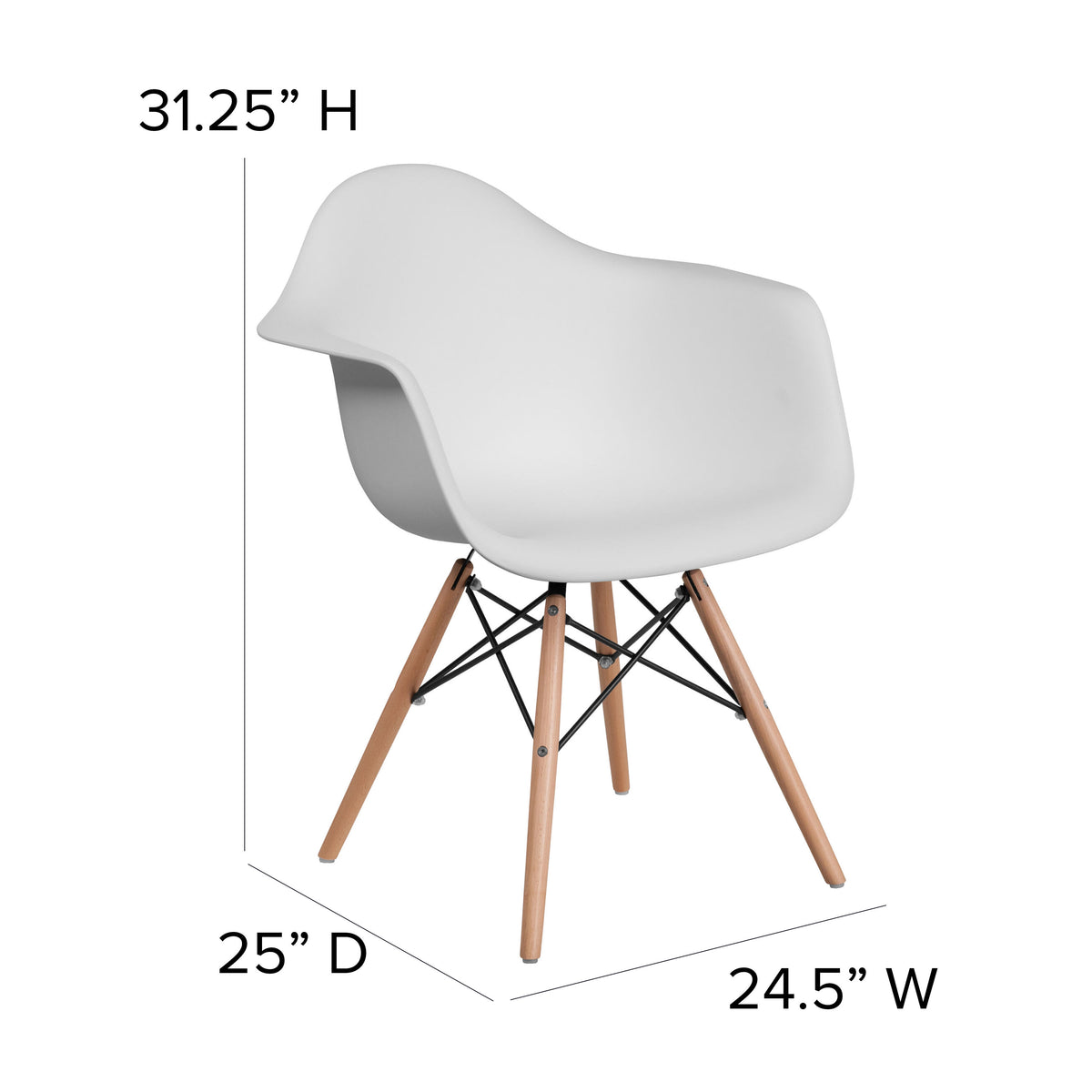 White |#| White Plastic Chair with Arms and Wooden Legs - Accent & Side Chair