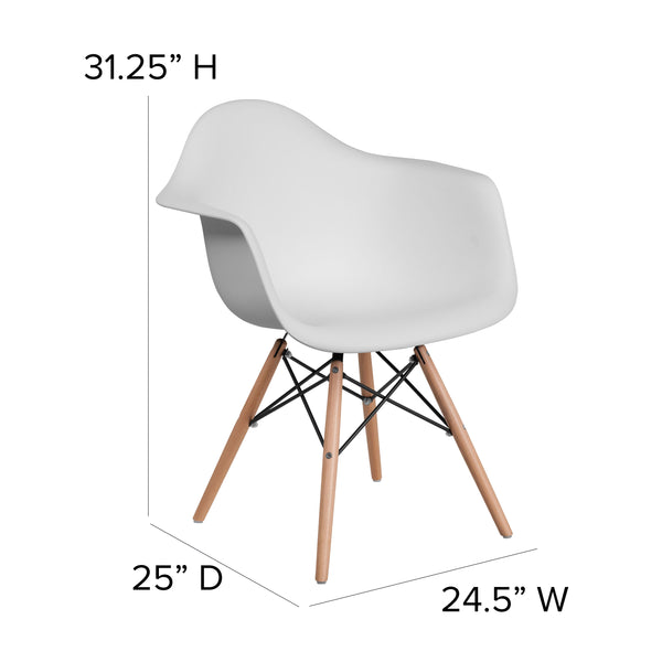 White |#| White Plastic Chair with Arms and Wooden Legs - Accent & Side Chair