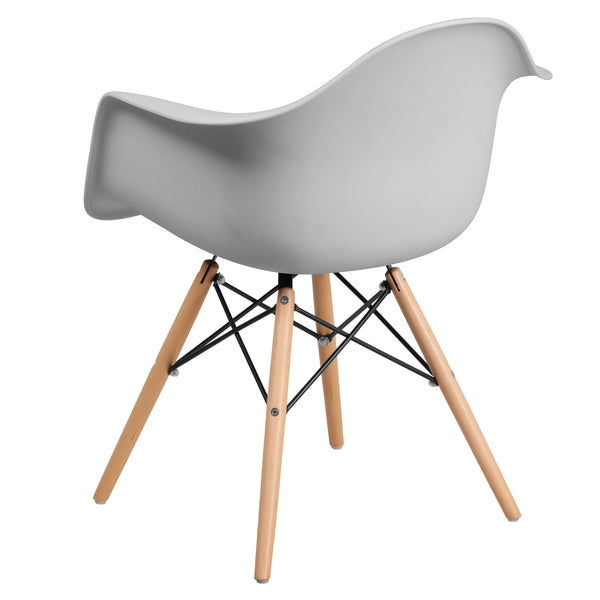 White |#| White Plastic Chair with Arms and Wooden Legs - Accent & Side Chair