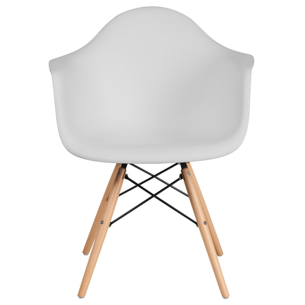 White |#| White Plastic Chair with Arms and Wooden Legs - Accent & Side Chair