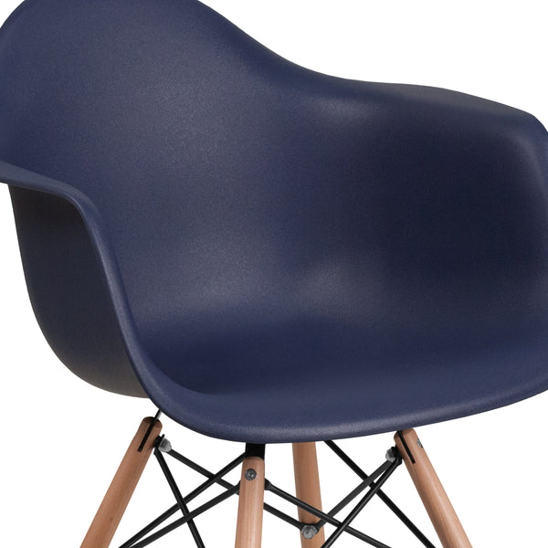 Navy |#| Navy Plastic Chair with Arms and Wooden Legs - Accent & Side Chair