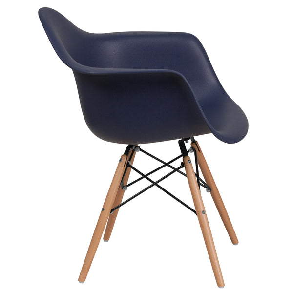 Navy |#| Navy Plastic Chair with Arms and Wooden Legs - Accent & Side Chair