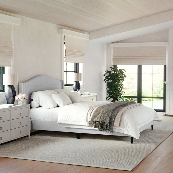 Gray Fabric/Black Legs,Queen |#| Faux Linen Upholstered Queen Size Platform Bed with Curved Headboard in Gray