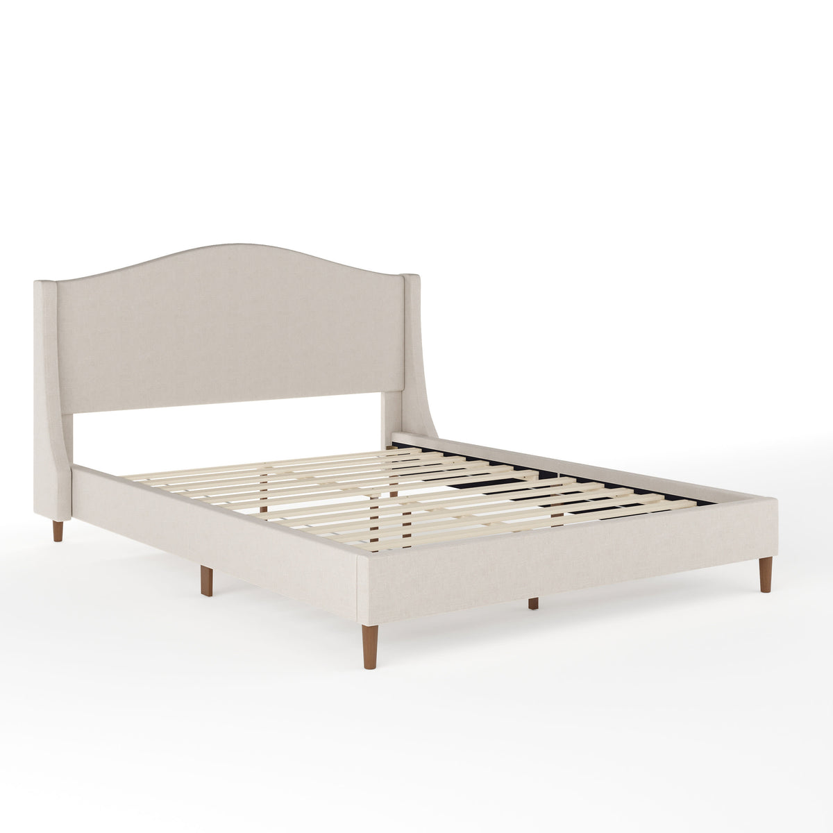 Beige Fabric/Walnut Legs,Queen |#| Faux Linen Upholstered Queen Size Platform Bed with Curved Headboard in Beige
