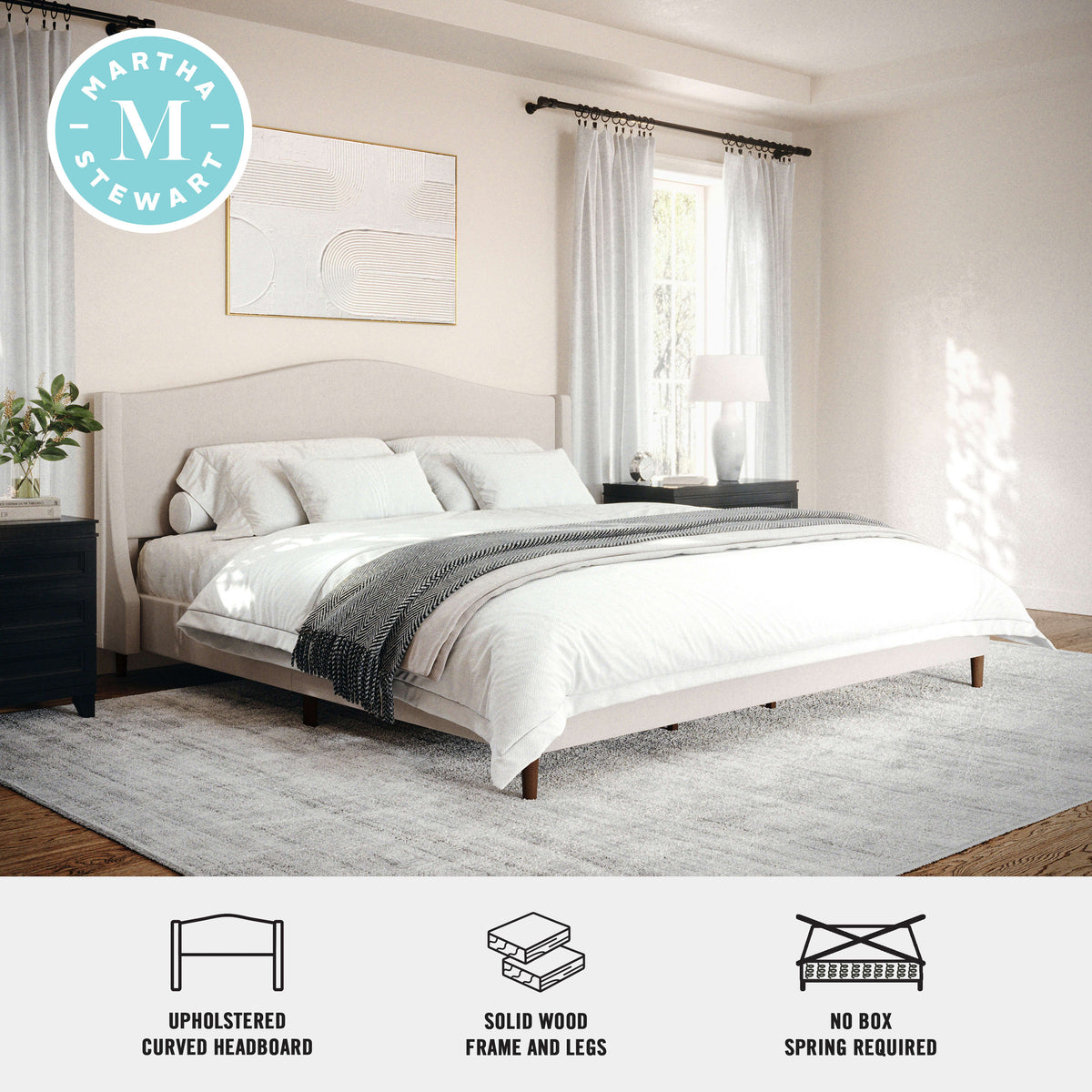 Beige Fabric/Walnut Legs,King |#| Faux Linen Upholstered King Size Platform Bed with Curved Headboard in Beige