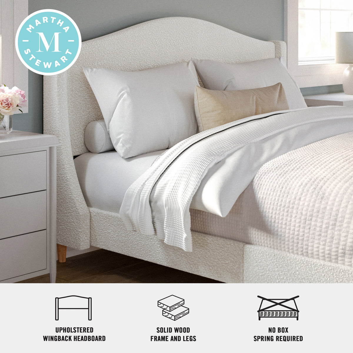 Off-White Boucle/Light Beech Legs,Queen |#| Boucle Upholstered Queen Size Platform Bed with Curved Headboard-OW Boucle