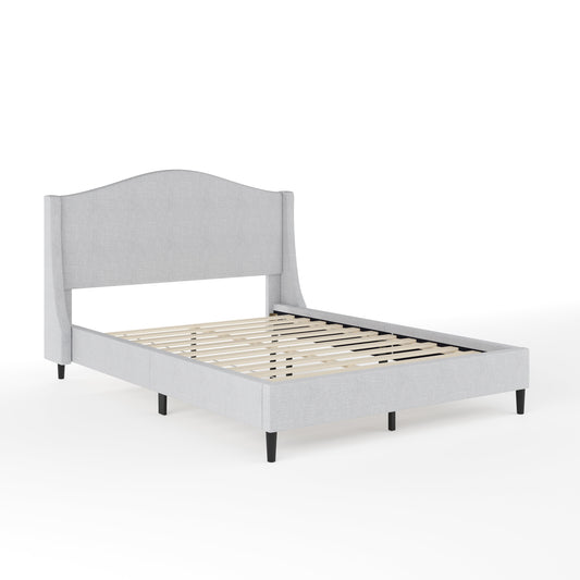 Amelia Upholstered Platform Bed with Curved Headboard and Cushioned Siderails, Wood Slat Foundation with No Box Spring Needed