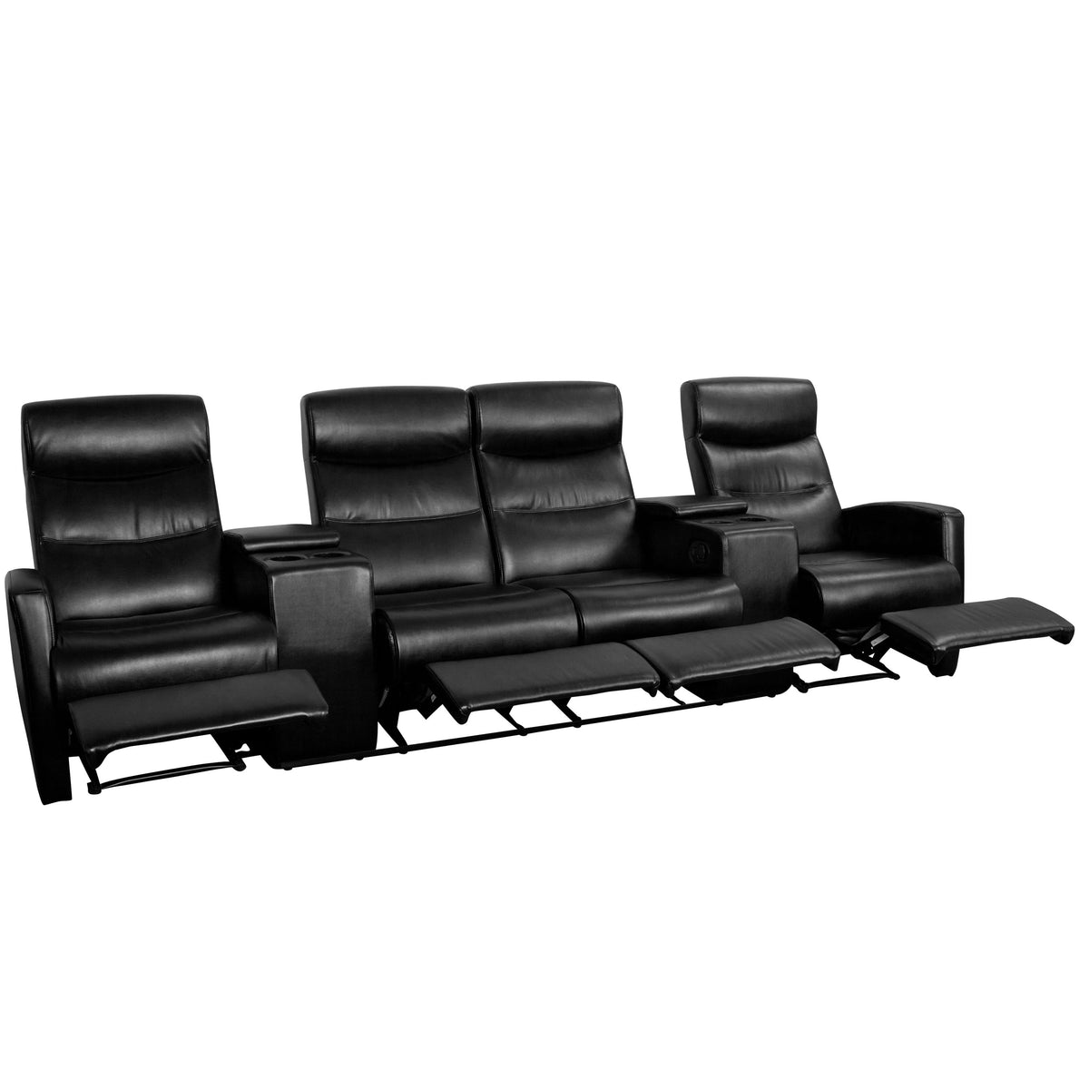 4-Seat Manual Reclining Black LeatherSoft Theater Seating Unit with Cup Holders