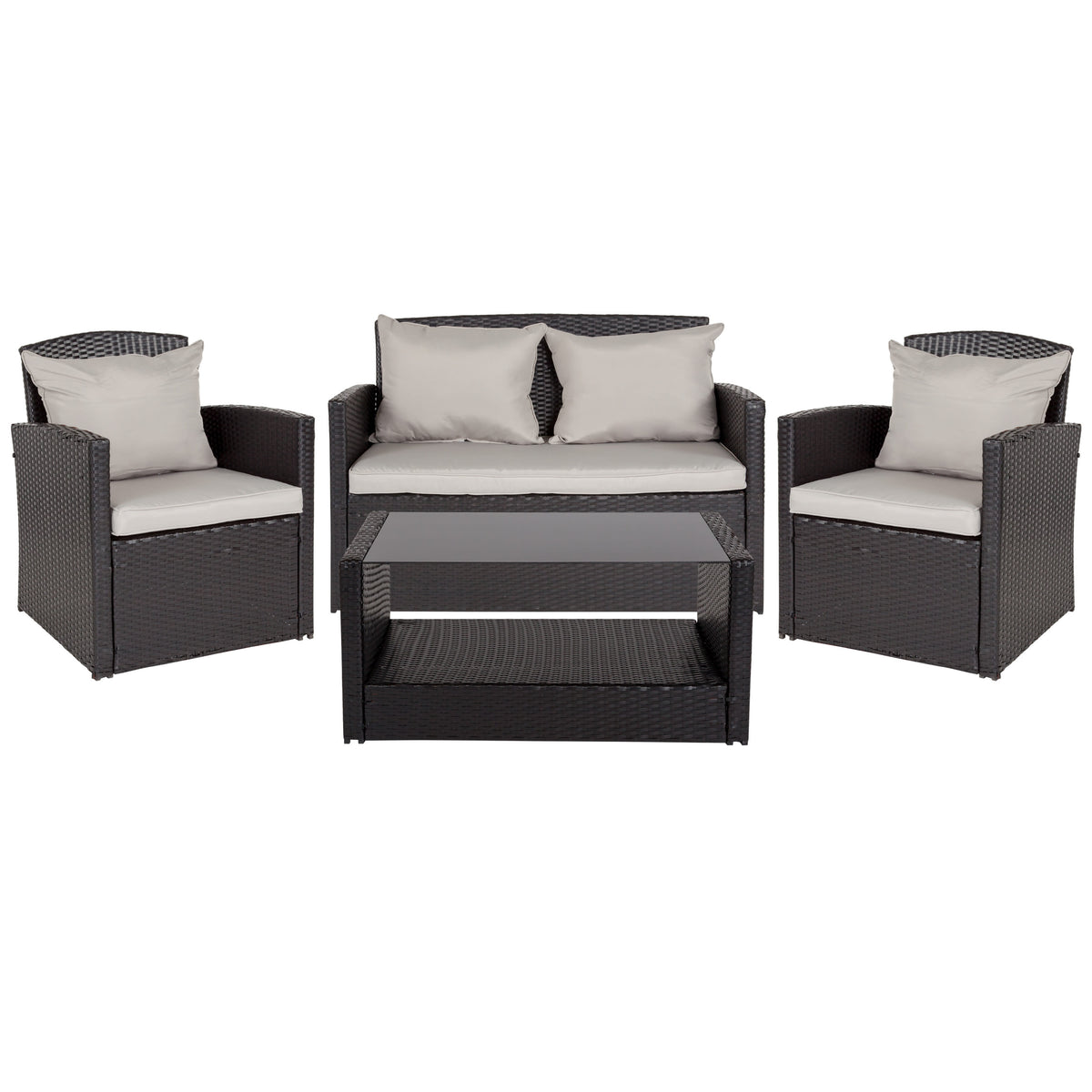 Gray Cushions/Black Frame |#| 4 Piece Black Patio Set with Gray Back Pillows & Seat Cushions - Outdoor Seating