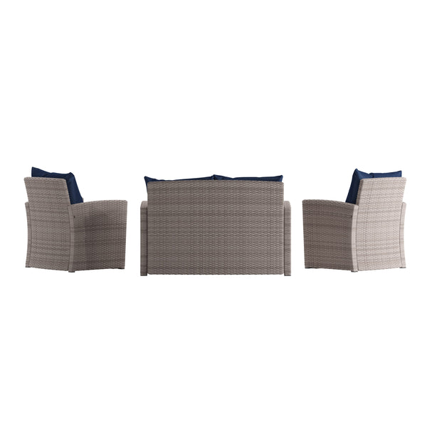 Navy Cushions/Light Gray Frame |#| 4 PC Lt Gray Patio Set with Navy Back Pillows & Seat Cushions - Outdoor Seating