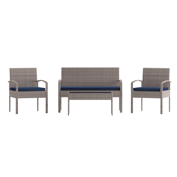 Navy Cushions/Light Gray Frame |#| 4 Piece Patio Set with Gray Steel Frame and Navy Cushions - Outdoor Seating