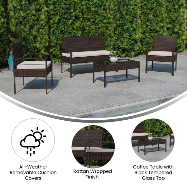 Beige Cushions/Brown Frame |#| 4 Piece Patio Set with Brown Steel Frame and Beige Cushions - Outdoor Seating