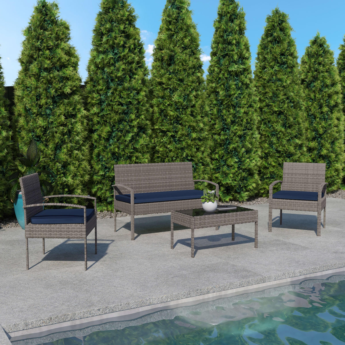 Navy Cushions/Light Gray Frame |#| 4 Piece Patio Set with Gray Steel Frame and Navy Cushions - Outdoor Seating