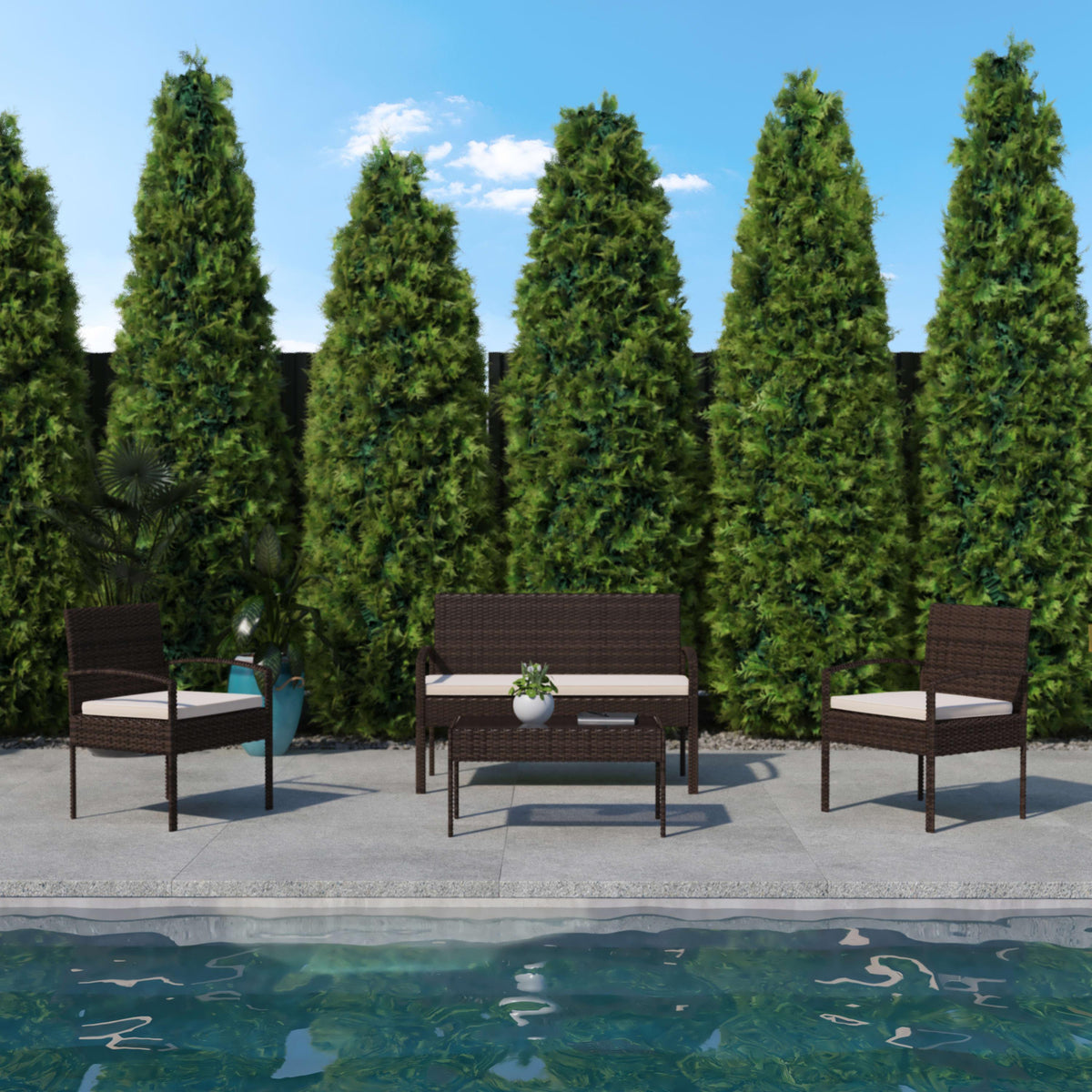 Beige Cushions/Brown Frame |#| 4 Piece Patio Set with Brown Steel Frame and Beige Cushions - Outdoor Seating