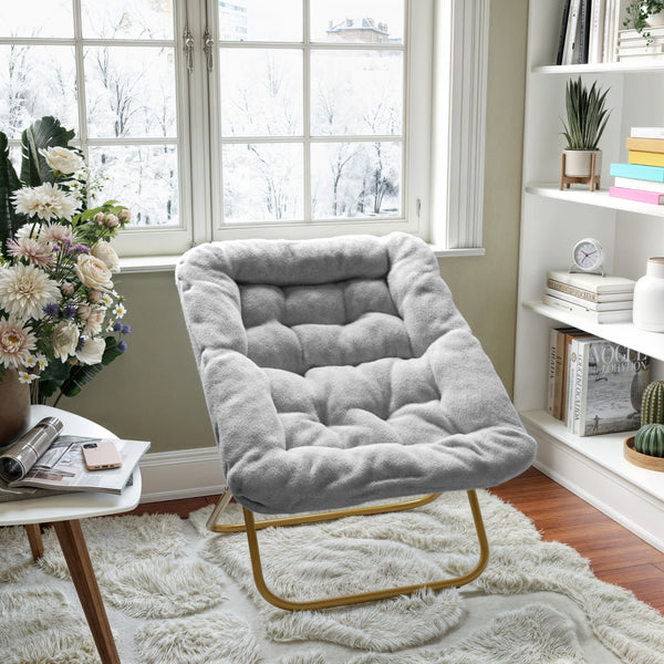 Gray Fabric/Soft Gold Frame |#| Folding Faux Fur Oversized Saucer Chair with Steel Frame - Gray/Soft Gold